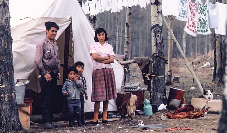 Joachim family outside wall tent historical photo 1970s